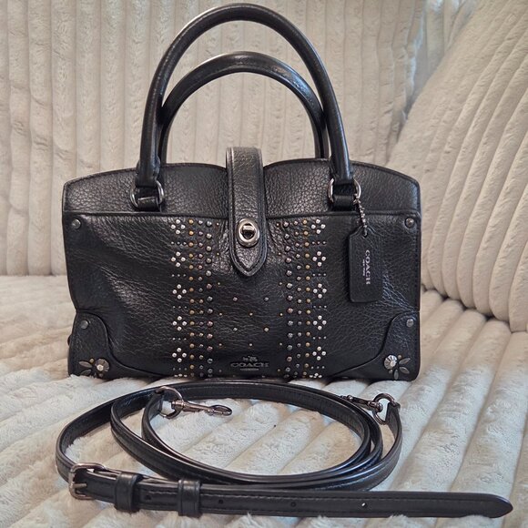 Coach Black Leather Studded Mercer 24 Satchel - Picture 1 of 12